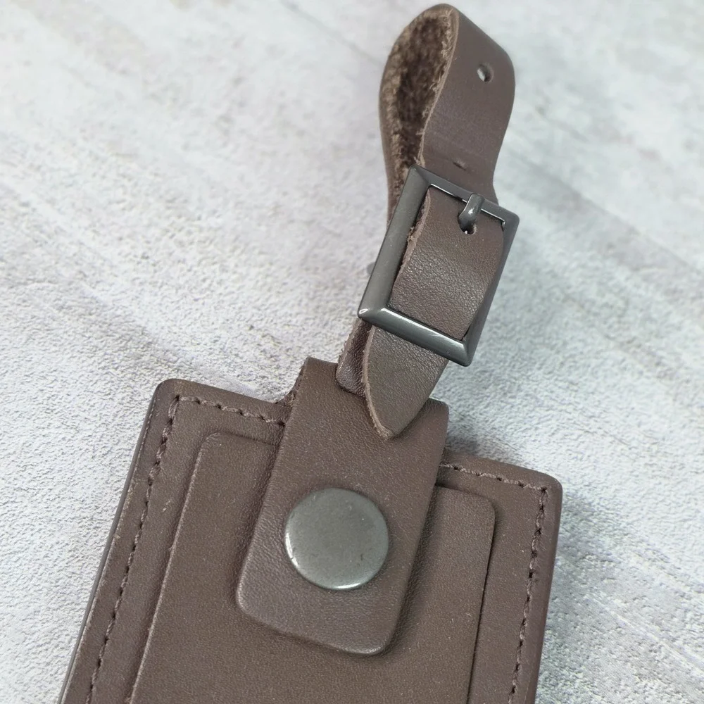 TUMI Leather Alpha 3 Large Luggage Tag Dark Brown Logo Travel ID Holder Strap